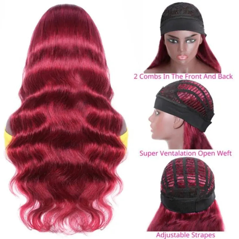 Beginner Friendly Burgundy Red Glueless Headband Body Wave Wig 150%Density