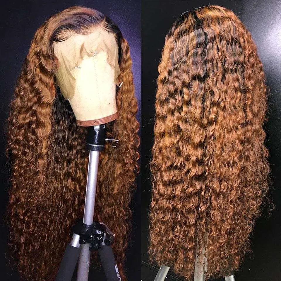 Black Roots Ombre Honey Brown Romantic Wave Lace Frontal Lace Wig