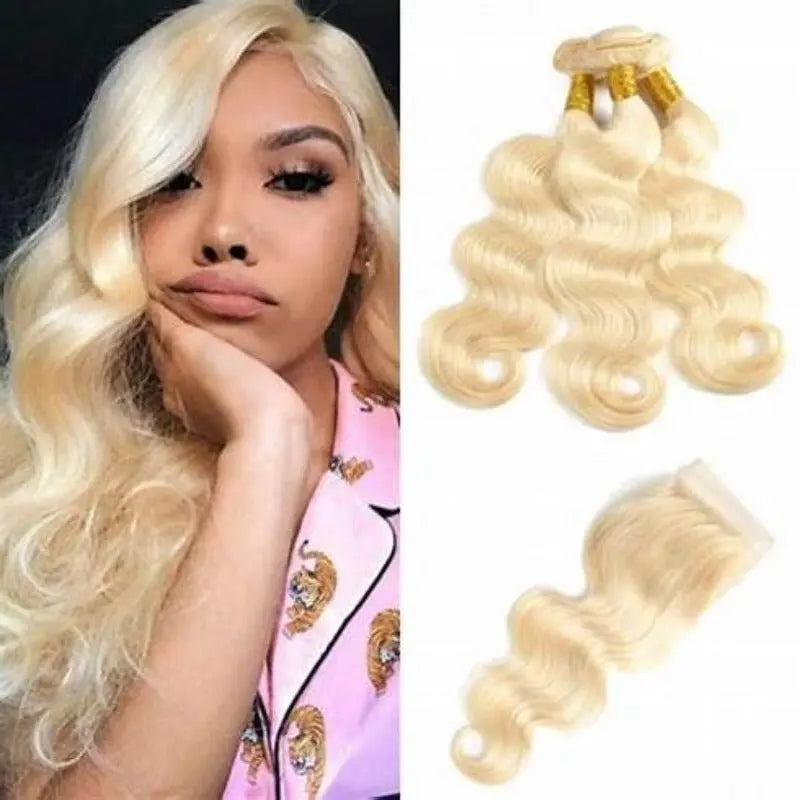 Blonde 613 Color 3 Bundles Brazilian Body Wave Virgin Hair With 4*4 Lace Closure