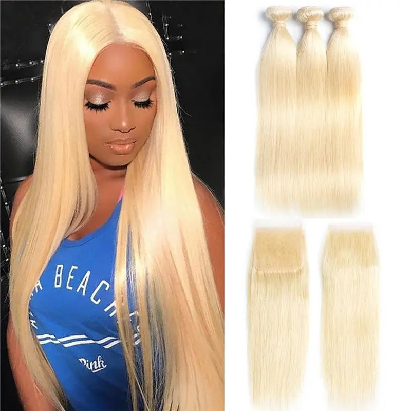 Blonde 613 Color 3 Bundles Brazilian Straight Virgin Hair With 4*4 Lace Closure