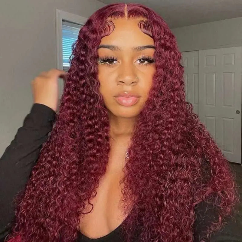 Dark Burgundy Pure Color Curly Wave Lace Frontal Lace Wig