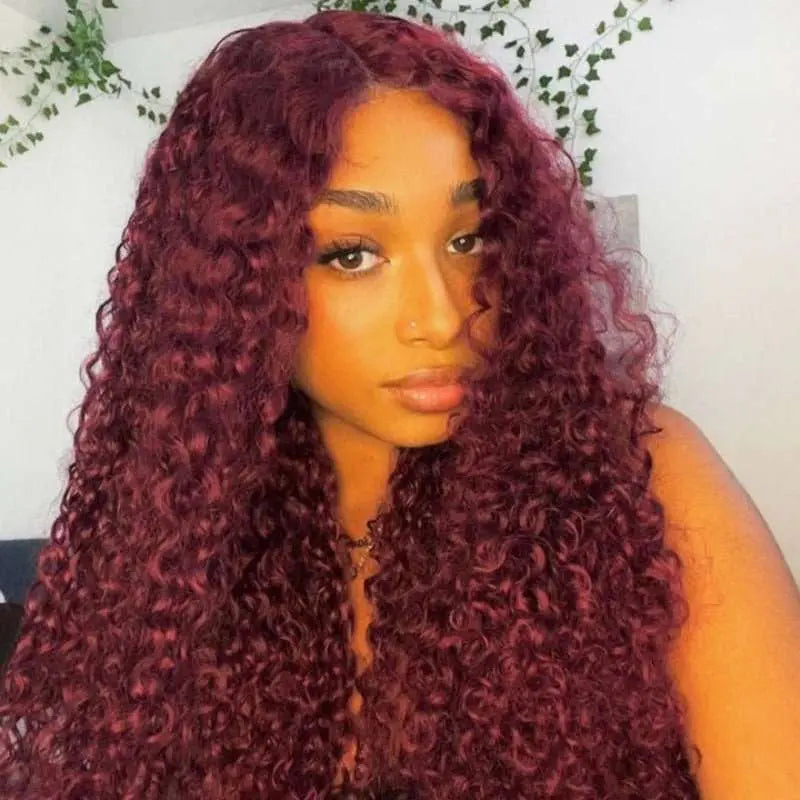 Dark Burgundy Pure Color Curly Wave Lace Frontal Lace Wig