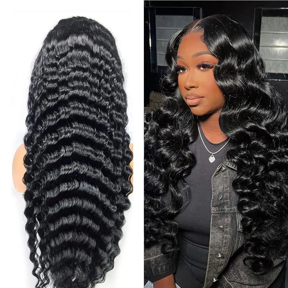 Full Lace Wig Loose Deep Wave Brazilian Virgin Hair Natural Black Pre-Plucked