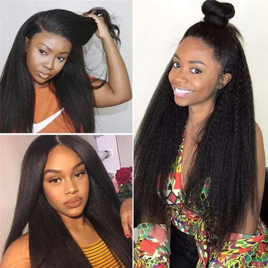 Full Lace Wig Yaki Straight Brazilian Virgin Hair Natural Black Pre-Plucked