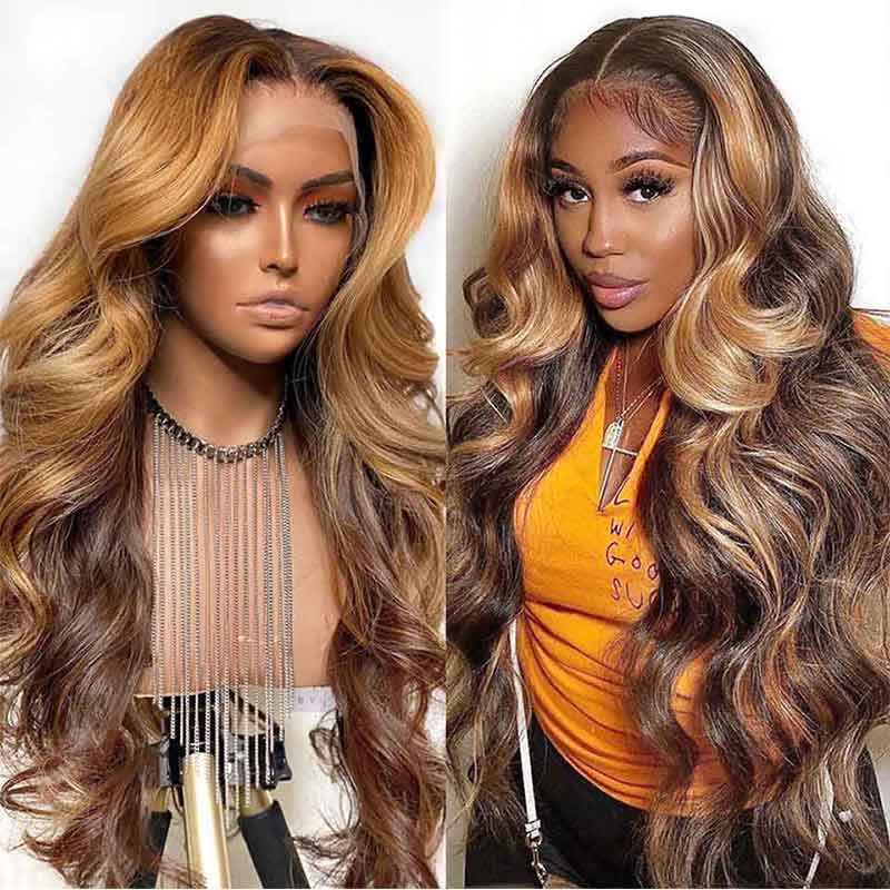 Goddess-like Honey Highlights Brown Body Wave 4x4 13*4 Lace Frontal Wig