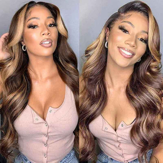 Goddess-like Honey Highlights Brown Body Wave 4x4 13*4 Lace Frontal Wig