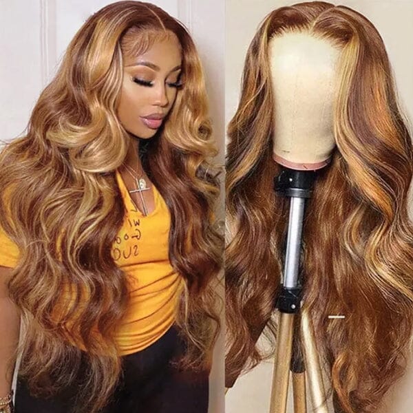 Goddess-like Honey Highlights Brown Body Wave 4x4 13*4 Lace Frontal Wig