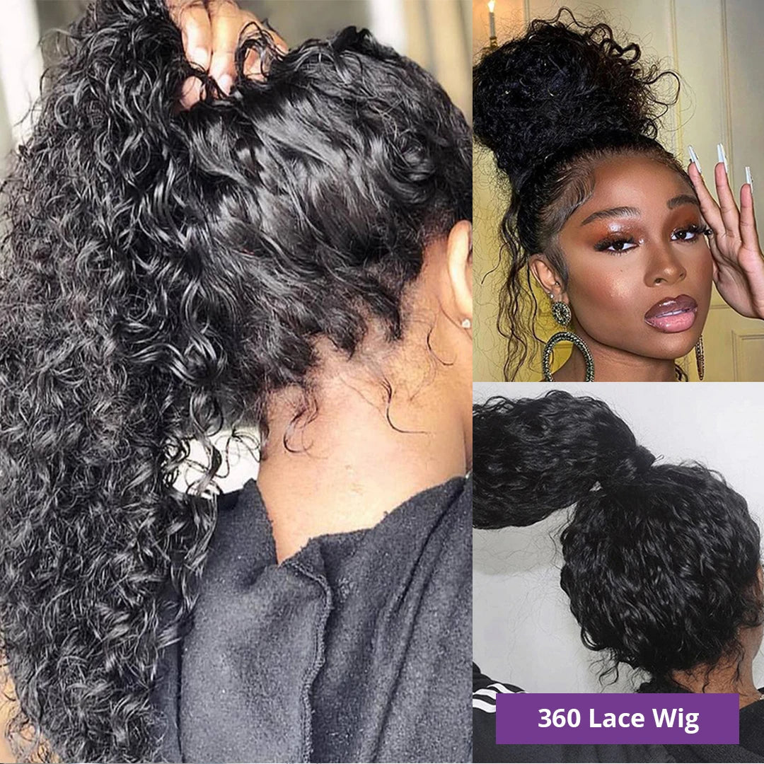 360 Lace Frontal Wig Water Wave Virgin Hair Natural Black Pre-Plucked