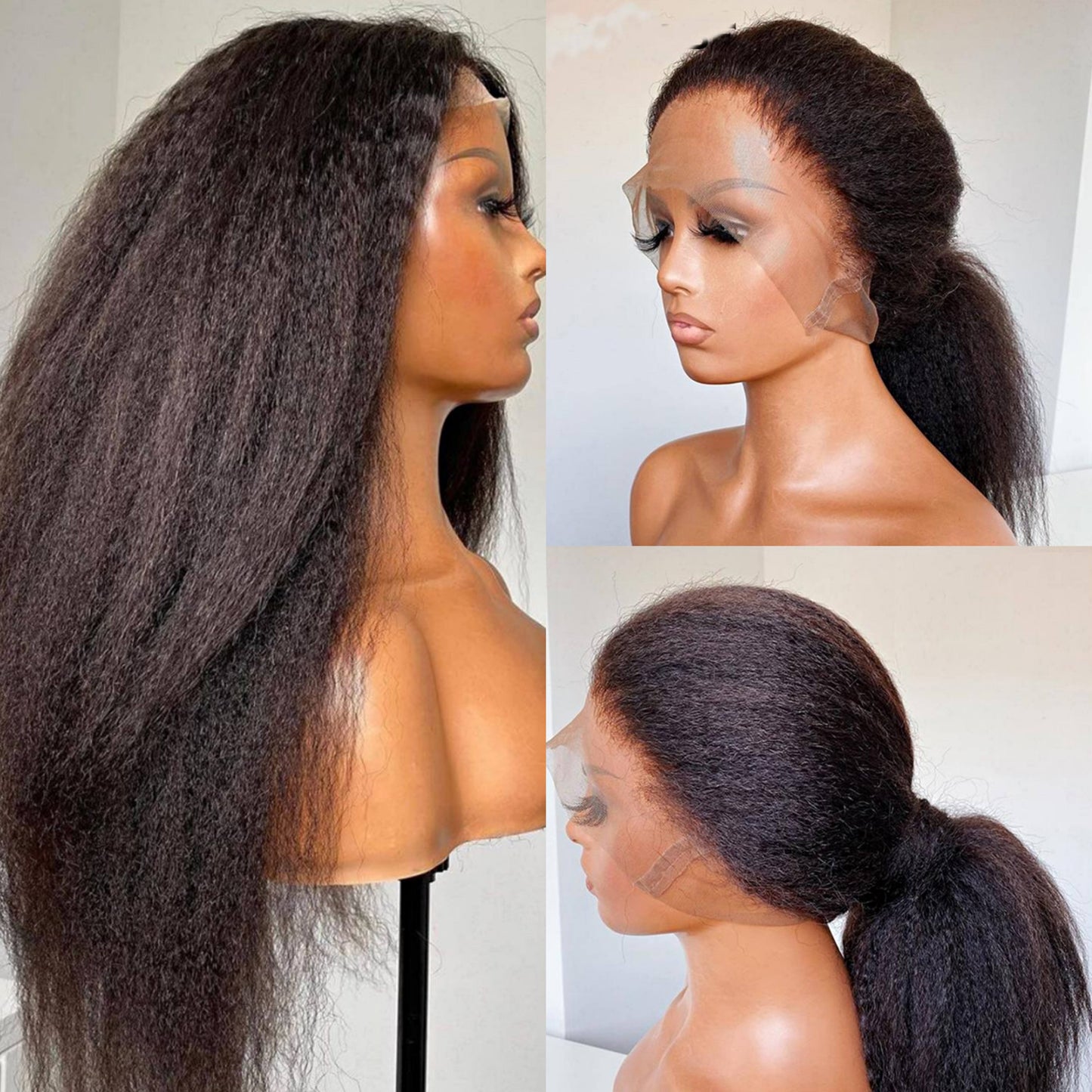 360 Lace Frontal Wig Yaki Straight Brazilian Virgin Hair Natural Black Pre-Plucked