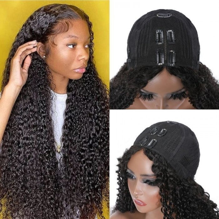 Ulike V Part 2 In 1 Wig Curly Magic Wet And Wavy V Part Curly Human Hair Black Wig 180% Density