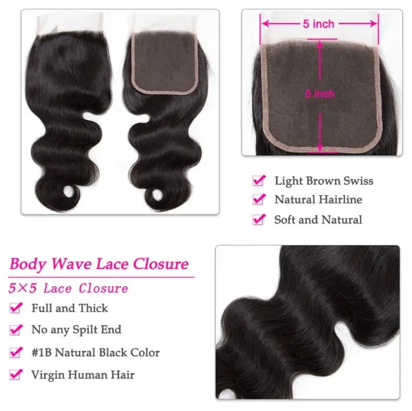 Natural Black 3 Bundles Body Wave Brazilian Virgin Hair With 5*5 Lace Closure