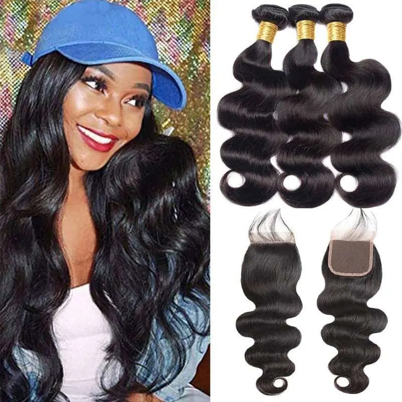 Natural Black 3 Bundles Body Wave Wave Brazilian Virgin Hair With 4*4 Lace Closure