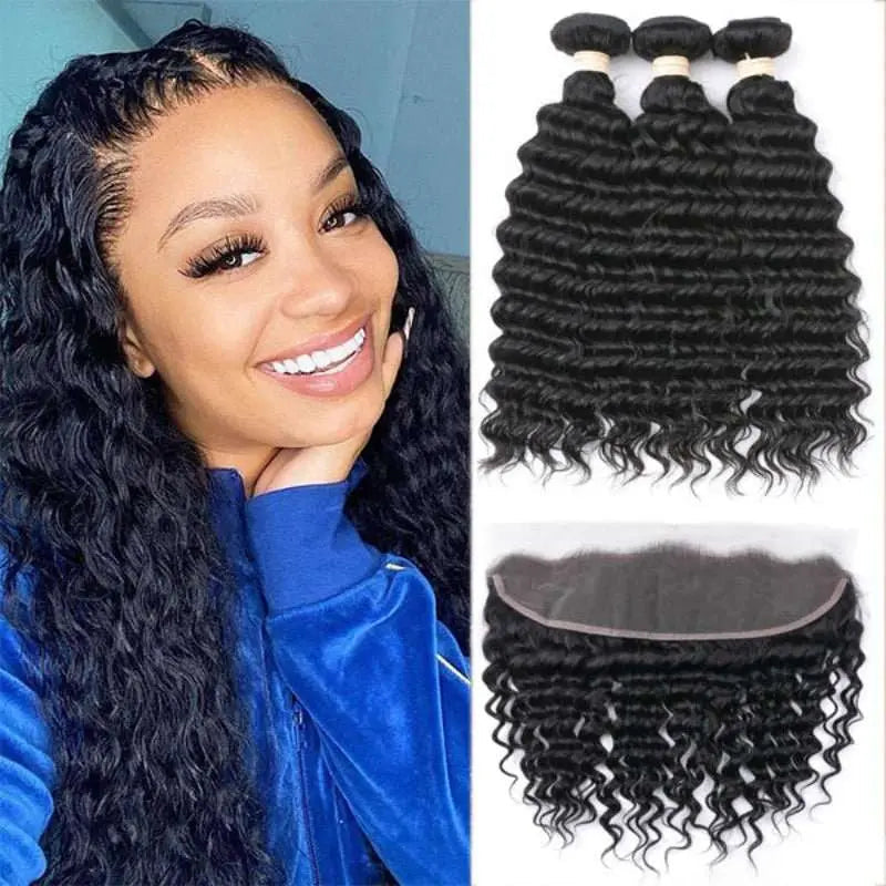 Natural Black 3 Bundles Deep Wave Brazilian Virgin Hair With 13*4 Lace Frontal