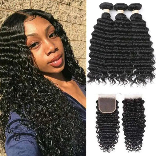 Natural Black 3 Bundles Deep Wave Brazilian Virgin Hair With 4*4 Lace Closure