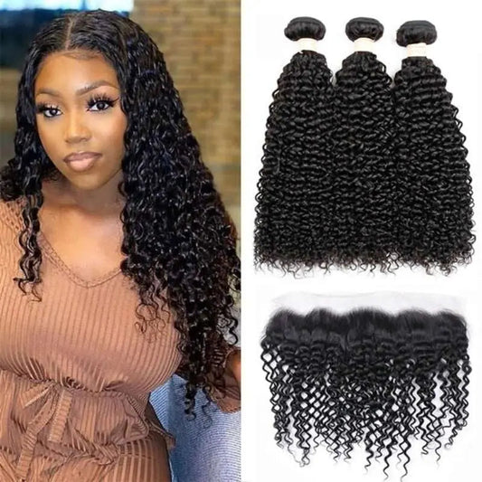 Natural Black 3 Bundles Kinky Curly Brazilian Virgin Hair With 13*4 Lace Frontal