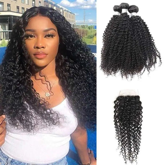 Natural Black 3 Bundles Kinky Curly Brazilian Virgin Hair With 4*4 Lace Closure