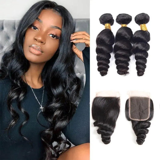 Natural Black 3 Bundles Loose Wave Brazilian Virgin Hair With 4*4 Lace Closure