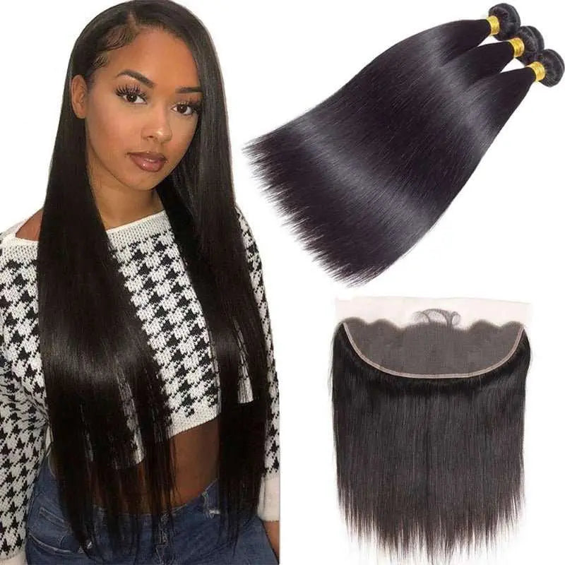 Natural Black 3 Bundles Straight Brazilian Virgin Hair With 13*4 Lace Frontal