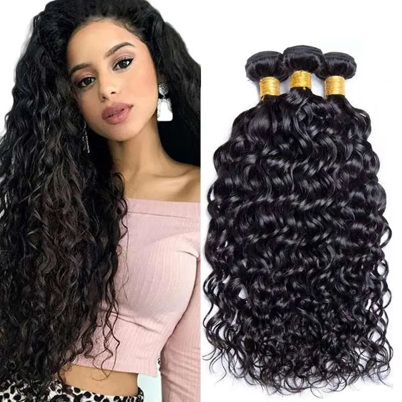 Natural Black 3 Bundles Water Wave Brazilian Virgin Hair With 13*4 Lace Frontal