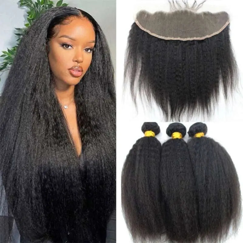 Natural Black 3 Bundles Yaki Straight Brazilian Virgin Hair With 13*4 Lace Frontal