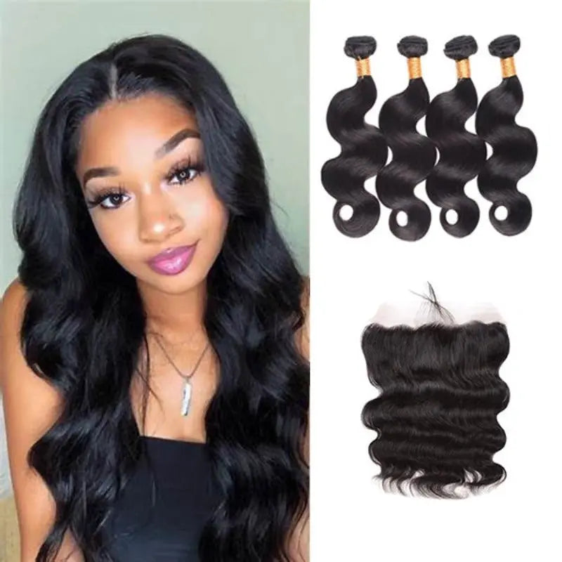 Natural Black 4 Bundles Body Wave Brazilian Virgin Hair With 13*4 Lace Frontal