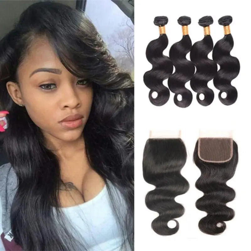 Natural Black 4 Bundles Body Wave Brazilian Virgin Hair With 4*4 Lace Closure