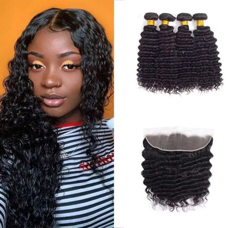 Natural Black 4 Bundles Deep Wave Brazilian Virgin Hair With 13*4 Lace Frontal