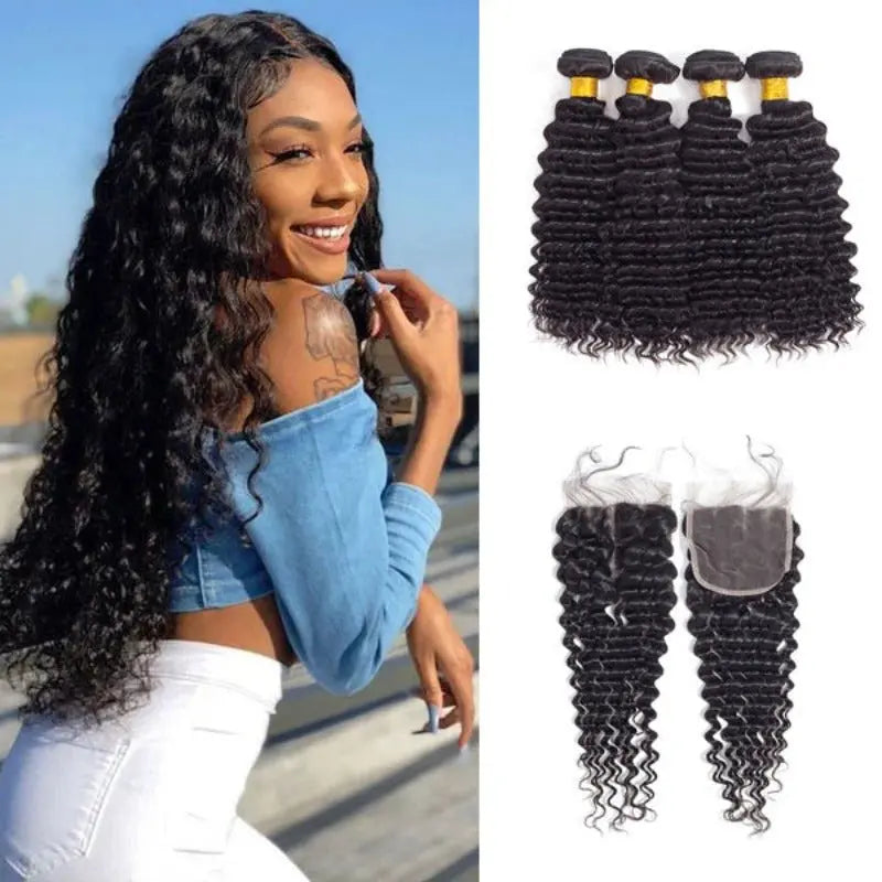 Natural Black 4 Bundles Deep Wave Brazilian Virgin Hair With 4*4 Lace Closure