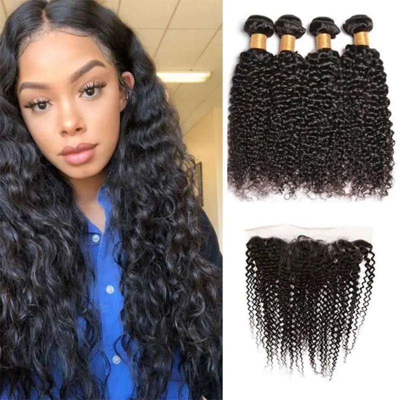 Natural Black 4 Bundles Kinky Curly Brazilian Virgin Hair With 13*4 Lace Frontal