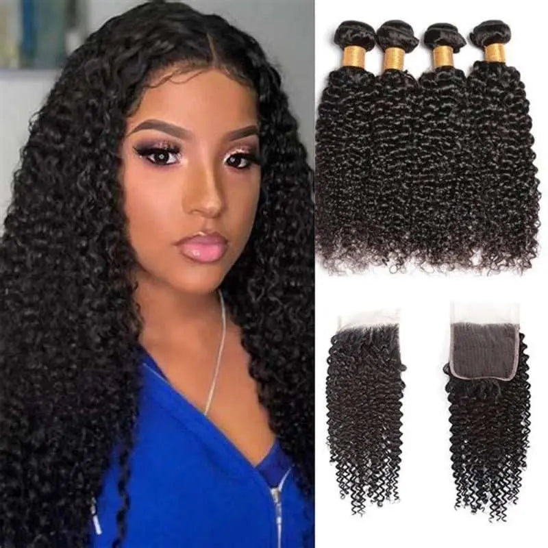 Natural Black 4 Bundles Kinky Curly Brazilian Virgin Hair With 4*4 Lace Closure