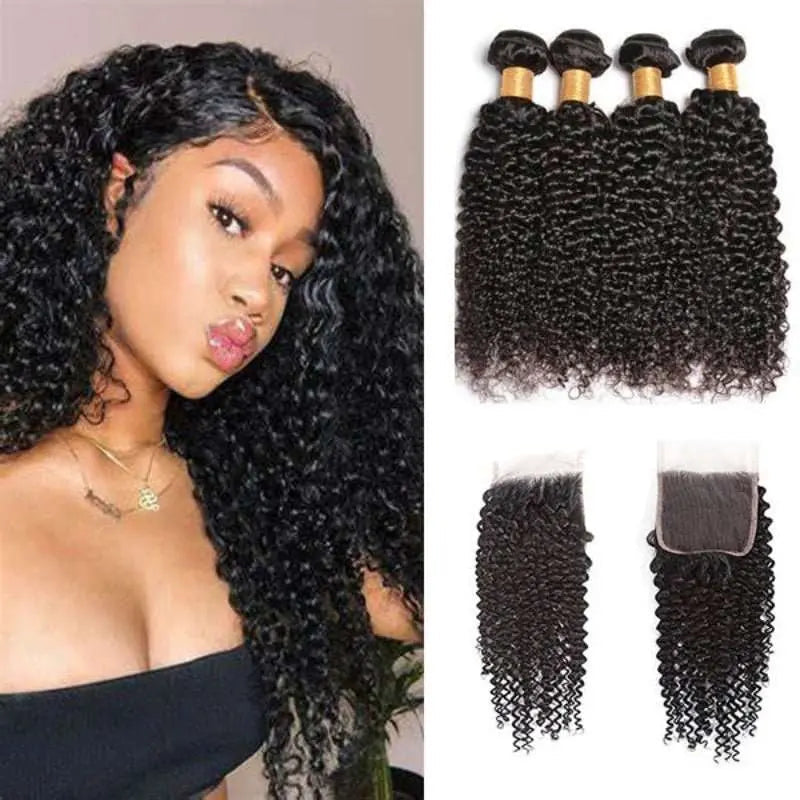 Natural Black 4 Bundles Kinky Curly Brazilian Virgin Hair With 4*4 Lace Closure