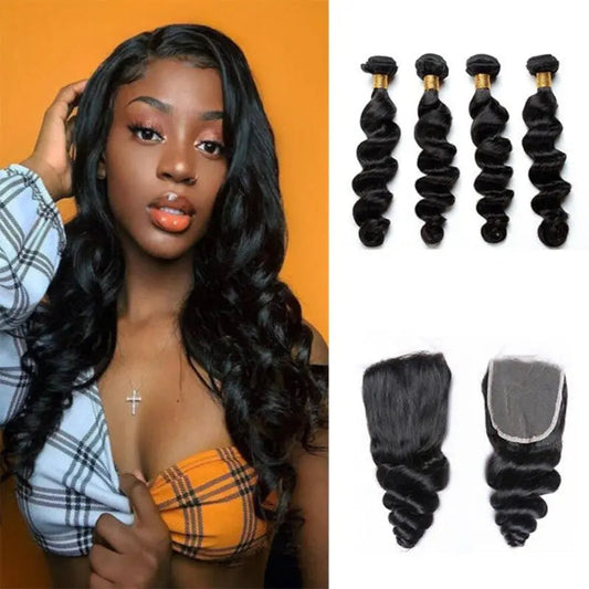 Natural Black 4 Bundles Loose Wave Brazilian Virgin Hair With 4*4 Lace Closure