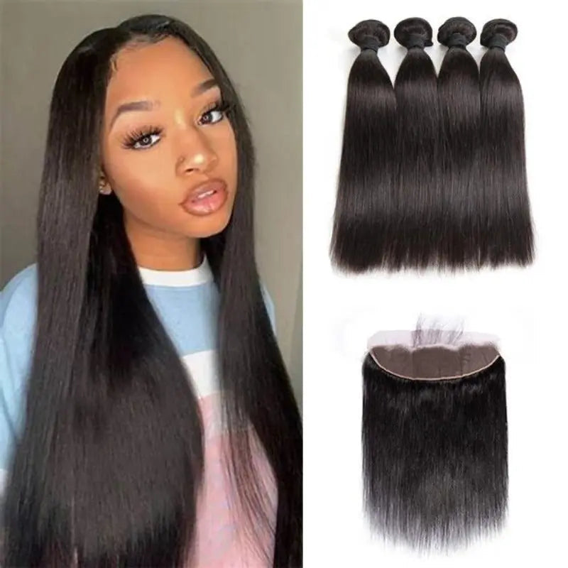 Natural Black 4 Bundles Straight Brazilian Virgin Hair With 13*4 Lace Frontal