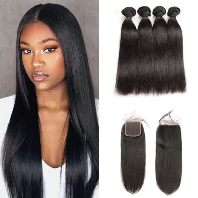 Natural Black 4 Bundles Straight Brazilian Virgin Hair With 4*4 Lace Closure