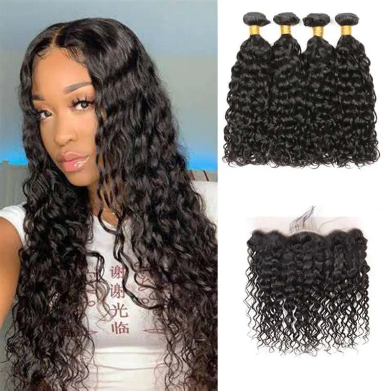 Natural Black 4 Bundles Water Wave Brazilian Virgin Hair With 13*4 Lace Frontal