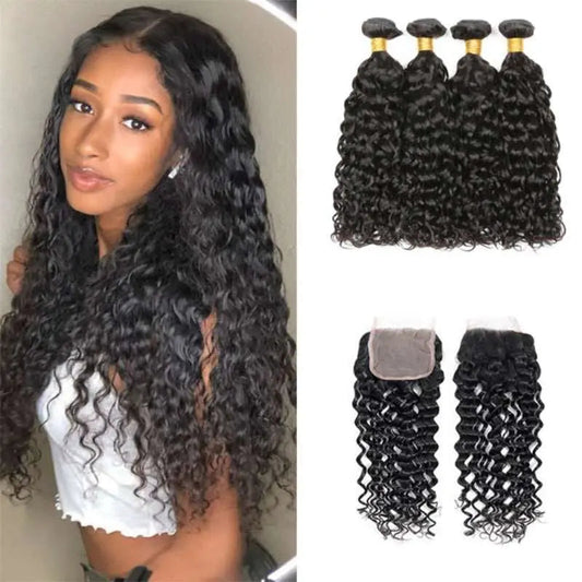 Natural Black 4 Bundles Water Wave Brazilian Virgin Hair With 4*4 Lace Closure