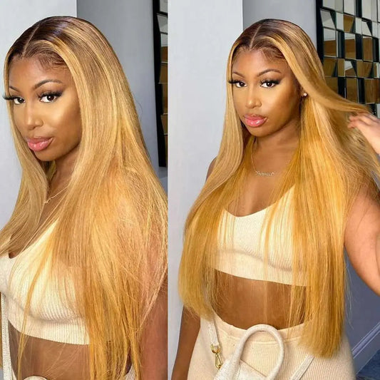 Ombre #1B/27 Honey Blonde Color Silky Straight 13*4 Lace Frontal Wig