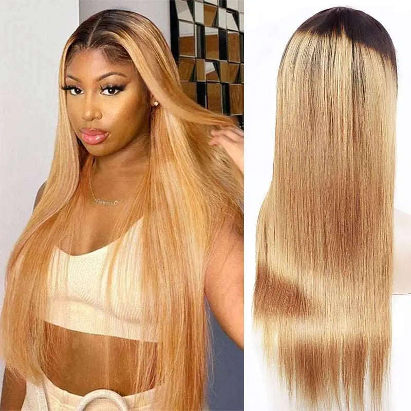 Ombre #1B/27 Honey Blonde Color Silky Straight 13*4 Lace Frontal Wig