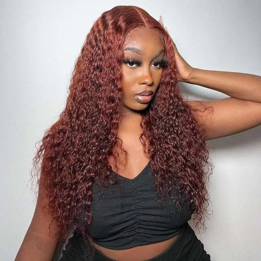 Reddish Brown Hair Color Water Curly Wave 4x4 13x4 Lace Frontal Wigs