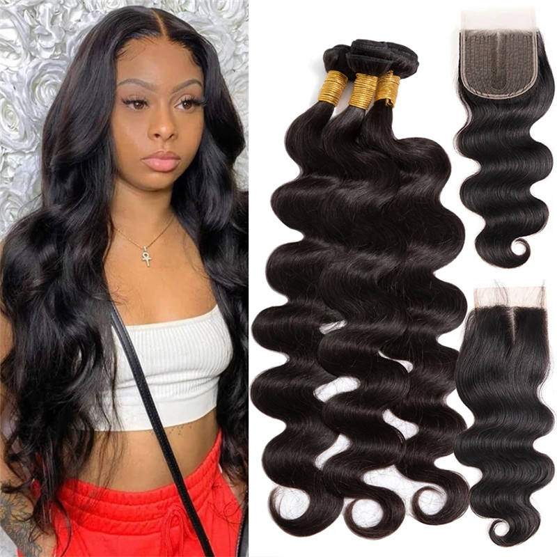 Natural Black 3 Bundles Body Wave Wave Brazilian Virgin Hair With 4*4 Lace Closure