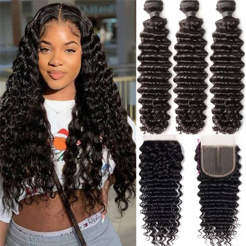 Natural Black 3 Bundles Deep Wave Brazilian Virgin Hair With 4*4 Lace Closure