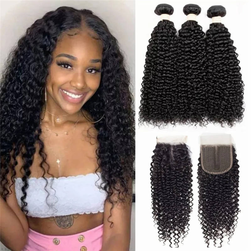 Natural Black 3 Bundles Kinky Curly Brazilian Virgin Hair With 4*4 Lace Closure