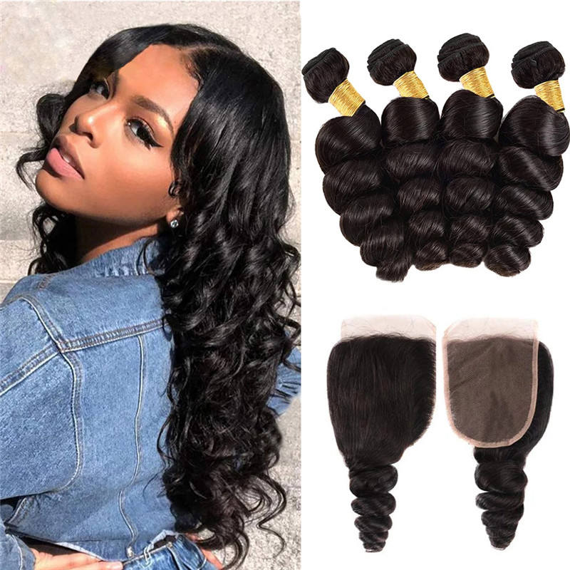 Natural Black 4 Bundles Loose Wave Brazilian Virgin Hair With 4*4 Lace Closure