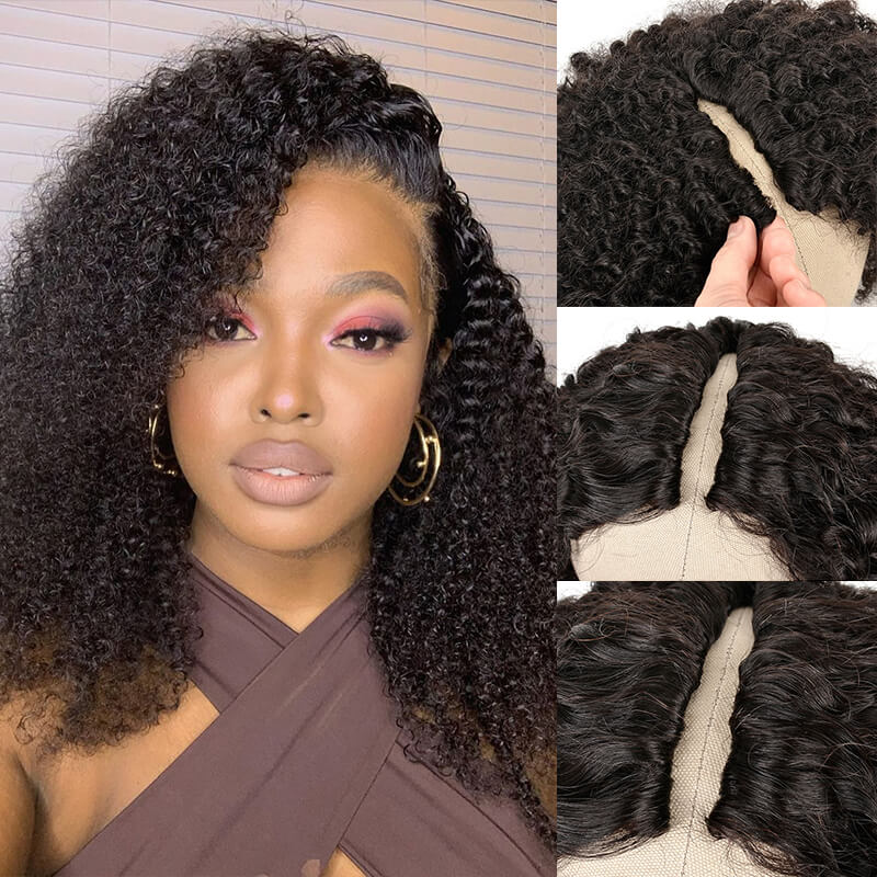 Ulike Upgrade Kinky Curly V Part Wig No Glue No Sew No Gel No Leave Out Needed Human Hair 180 Density Thin Part Wig