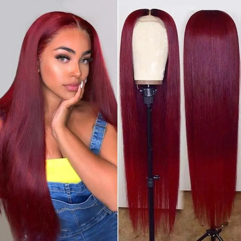 Vibrant Burgundy Red 4x4 13x4 Straight Lace Frontal Wigs