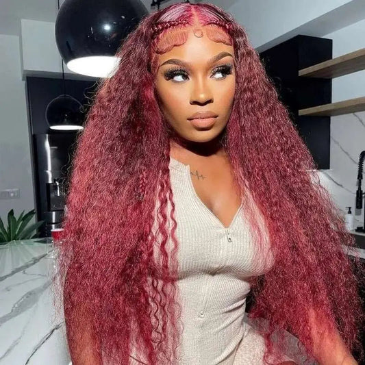 Vibrant Burgundy Red Yaki Straight 13x4 4x4 Lace Frontal Wigs