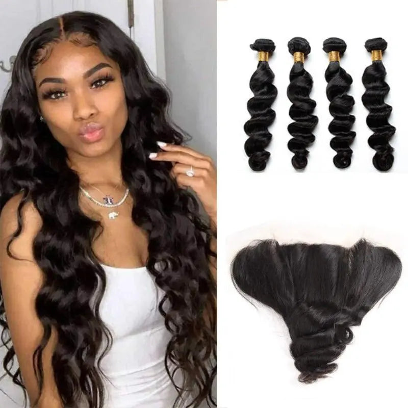 Ulike Remy Hair Natural Black 4 Bundles Loose Wave Brazilian Virgin Hair With 13*4 Lace Frontal