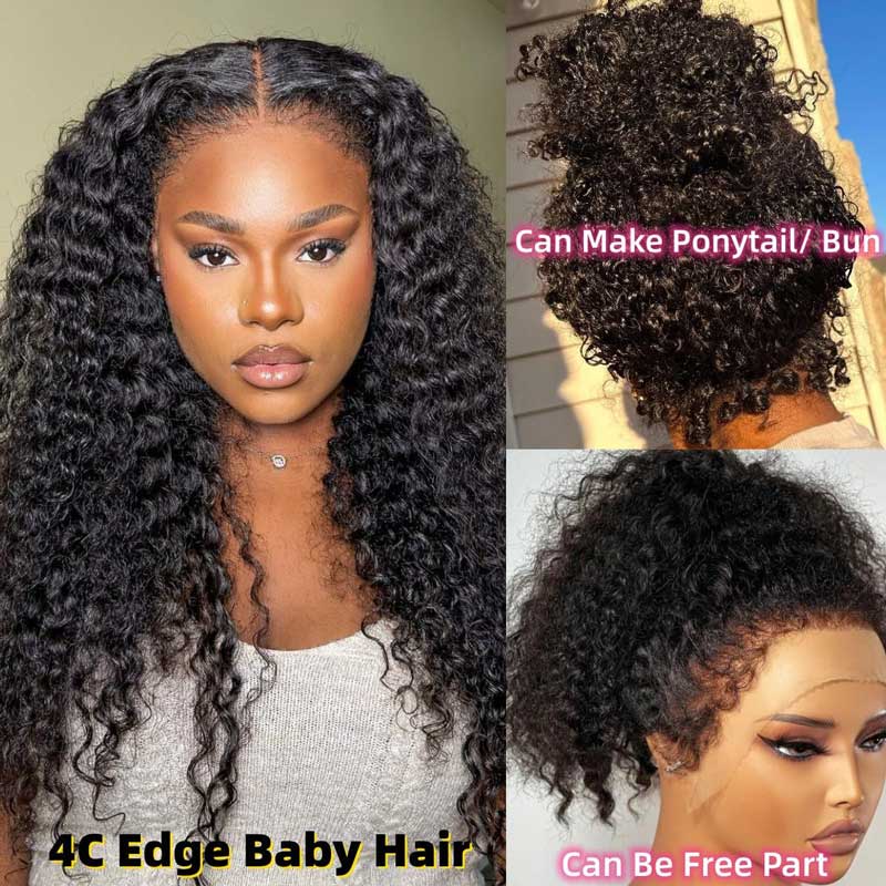 Ulike 4C Edges 360 Lace Frontal Wigs Kinky Curly Natural Black Color Human Hair Wigs