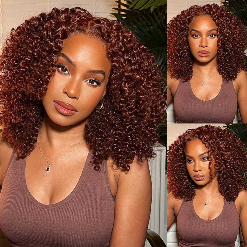 Ulike 13x4 Kinky Curly Lace Front Wig Auburn Brown Color Transparent Lace Wig 180% Density