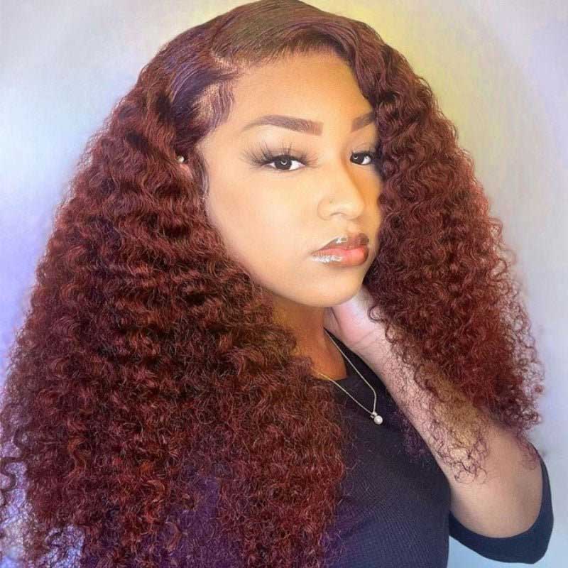 Ulike 13x4 Kinky Curly Lace Front Wig Auburn Brown Color Transparent Lace Wig 180% Density